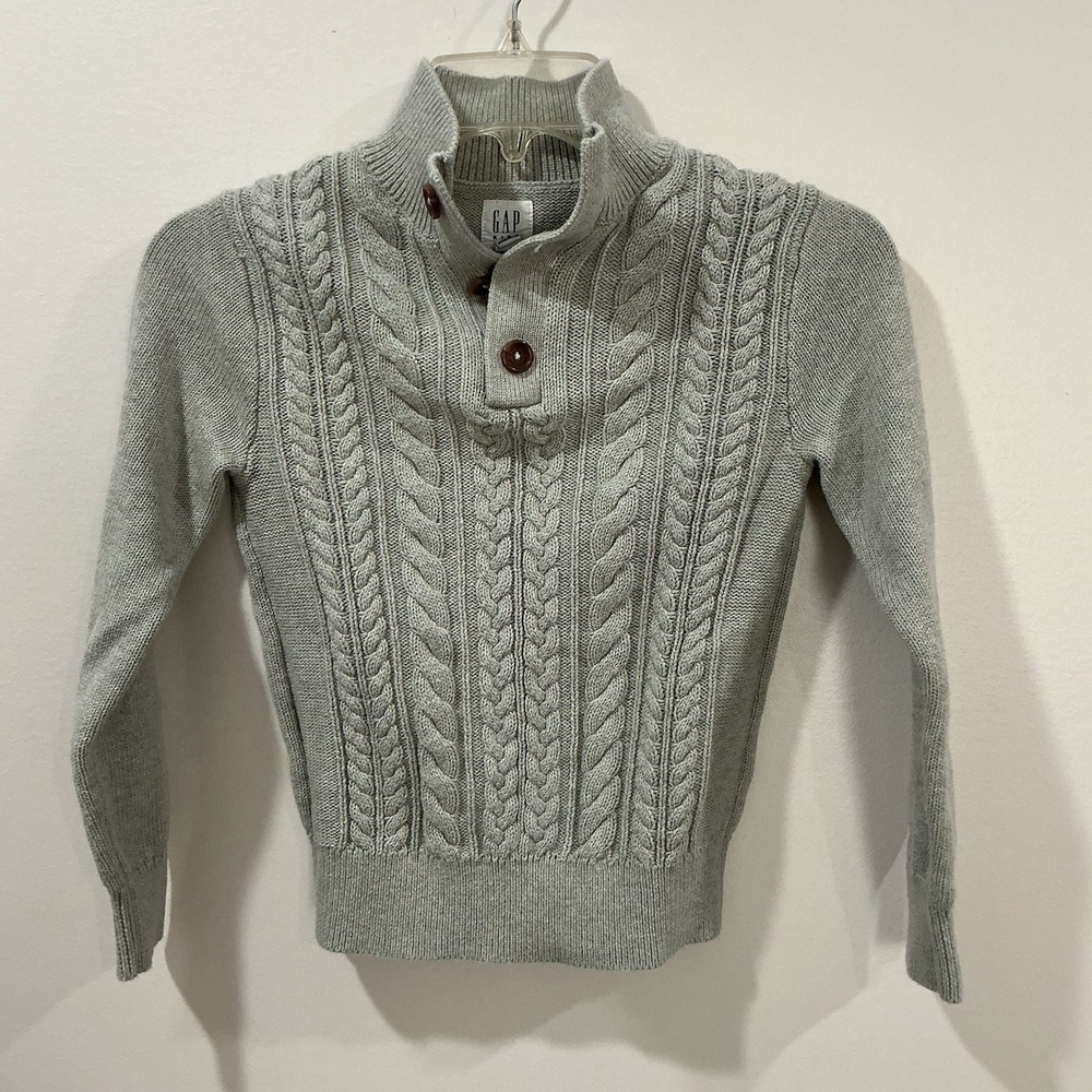 GAP Kids Boys 8 Chunky Cable‎ Knit Fisherman Mock Neck Button Up Sweater Gray